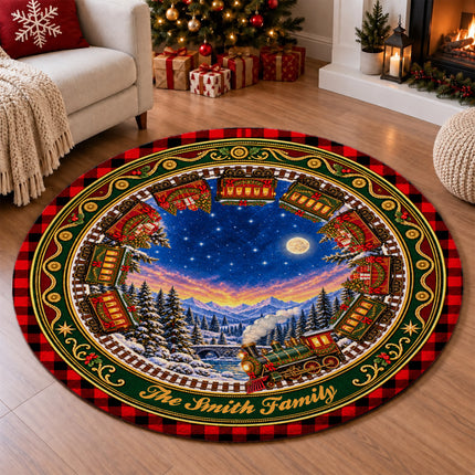 Personalized Christmas Train Doormat Family Name Round Rug