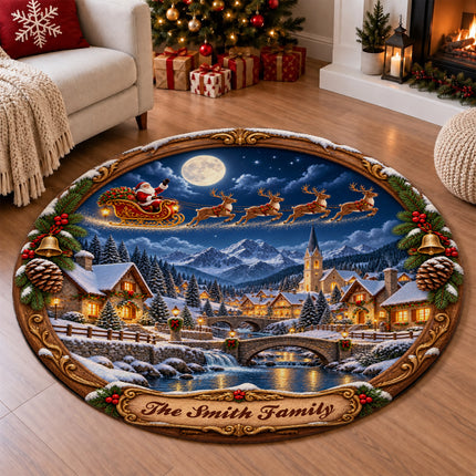 Personalized Christmas Village Round Doormat Santa Sleigh Moonlit Family Name Rug