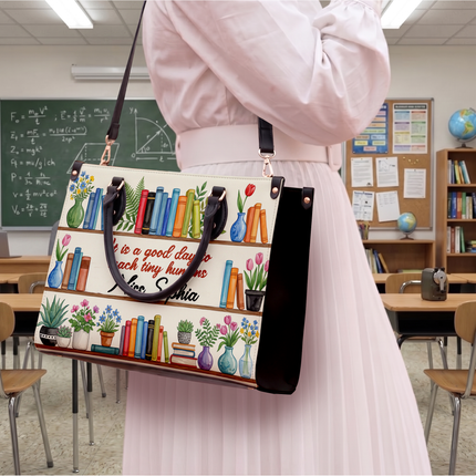 Personalized Teacher Leather Handbag Bookshelf Plants Tiny Humans