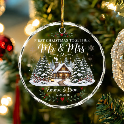 Personalized First Christmas Together Snowy Cabin Couple Glass Ornament