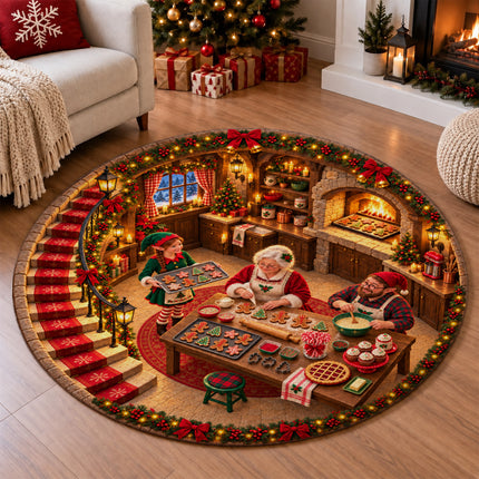 Christmas Cookie Baking Round Rug Cozy Kitchen Holiday Doormat