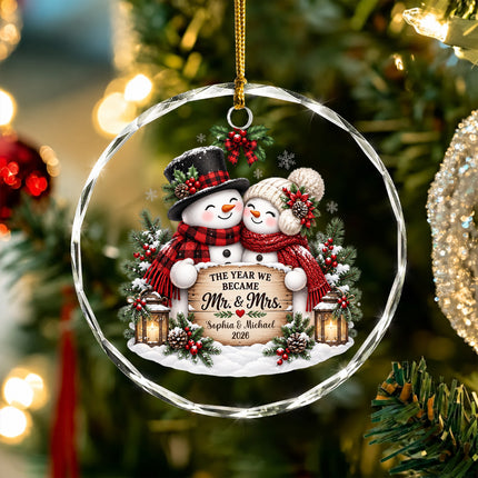 Personalized Newlywed Snowman First Christmas Glass Ornament