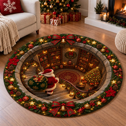 Christmas Round Doormat with Santa Library Scene