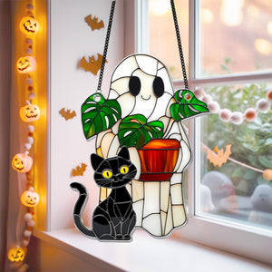 Cute Ghost Plant And Cat ACRYLIC Suncatcher,Ghost Monstra Window Hanging,Hangings Plant Lover Gift,Black Cat Lover,Mom Gift,Halloween Decor