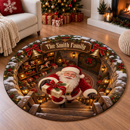 Personalized Santa Gift Delivery Christmas Round Doormat Cozy Family Name Rug
