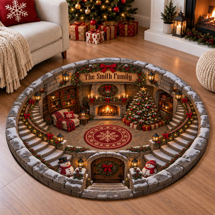 Personalized Christmas Round Doormat Cozy Fireplace Snowman Family Name Rug