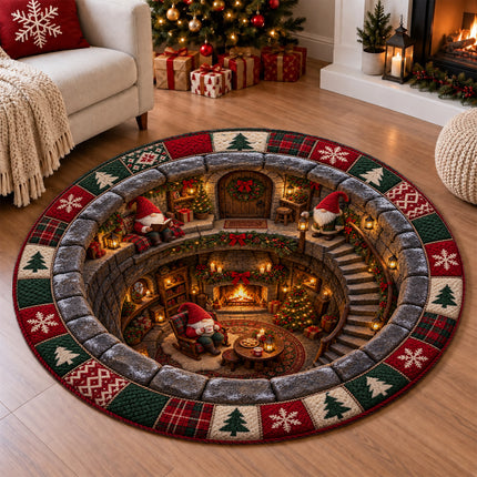 Christmas Round Doormat with Cozy Gnome Fireplace