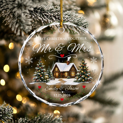 Personalized First Christmas Together Snowy Cabin Couple Glass Ornament