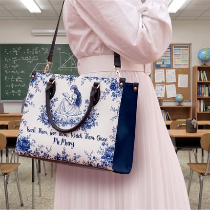 Personalized Teacher Leather Handbag Blue Floral Vintage Reading