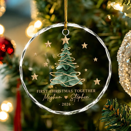Personalized First Christmas Together Gold Christmas Tree Glass Ornament