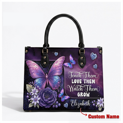Personalized Teacher Leather Handbag Purple Galaxy Butterfly