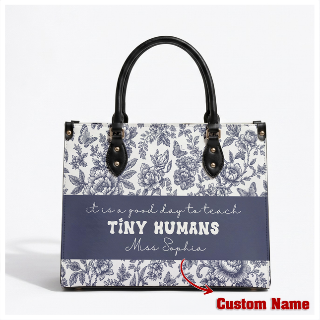 Personalized Teacher Leather Handbag Blue Floral Tiny Humans