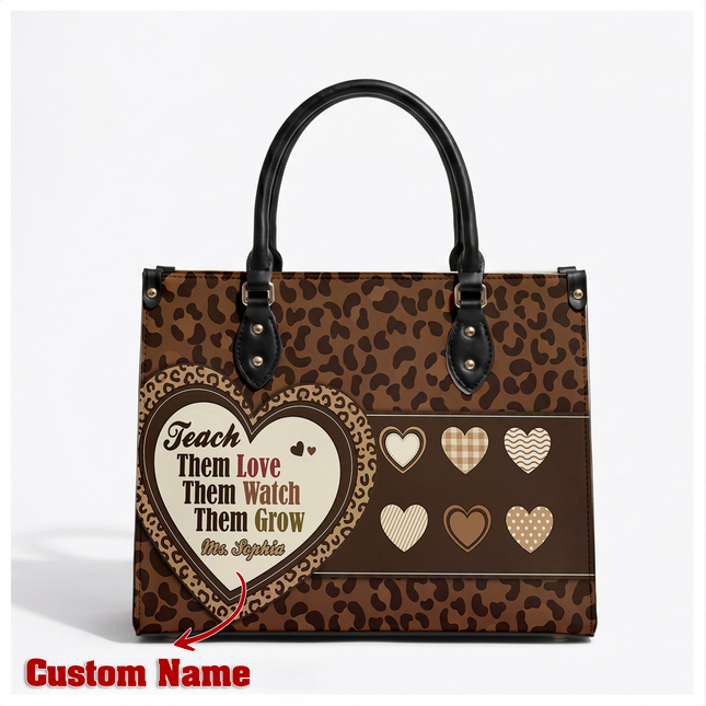 Personalized Teacher Leather Handbag Leopard Print Heart