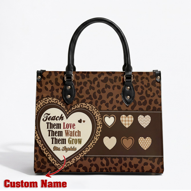 Personalized Teacher Leather Handbag Leopard Print Heart