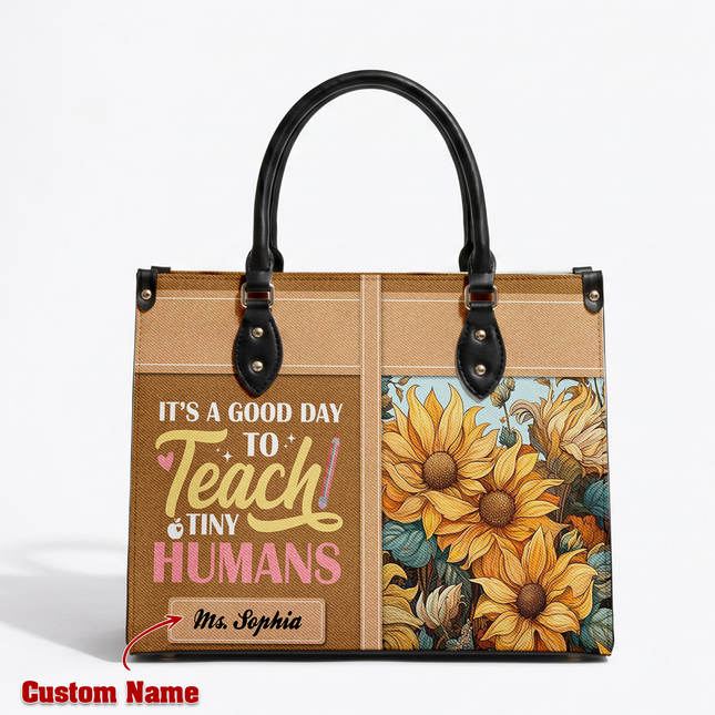 Personalized Teacher Leather Handbag Sunflower Teach Tiny Humans