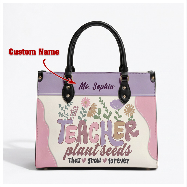 Personalized Teacher Leather Handbag Plant Seeds Floral