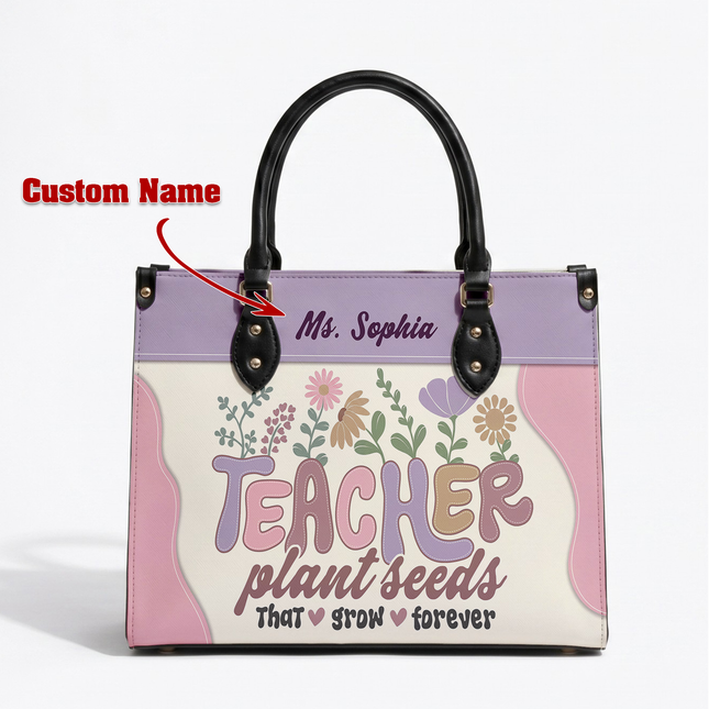Personalized Teacher Leather Handbag Plant Seeds Floral
