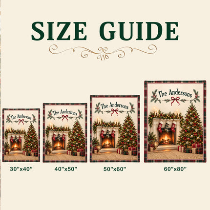 Personalized Christmas Fleece Blanket Custom Family Name Fireplace Tree