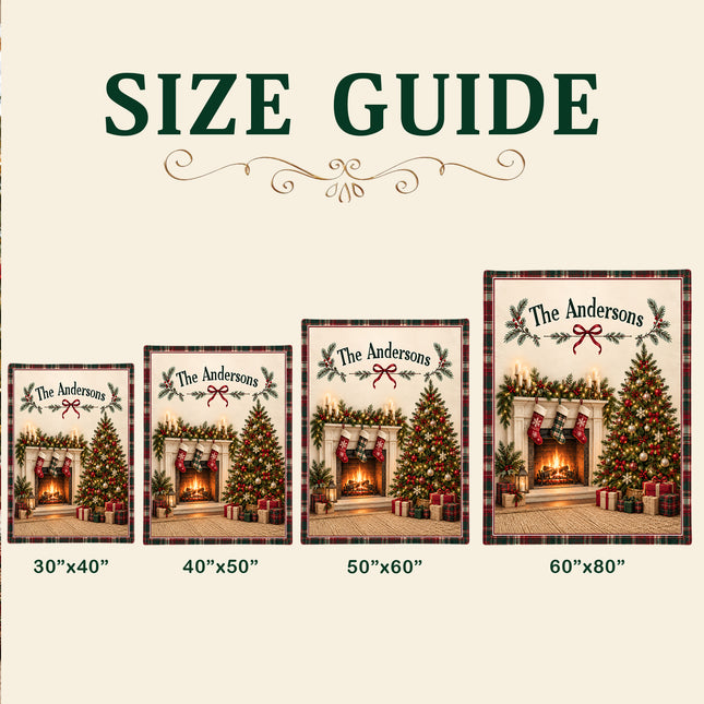 Personalized Christmas Fleece Blanket Custom Family Name Fireplace Tree