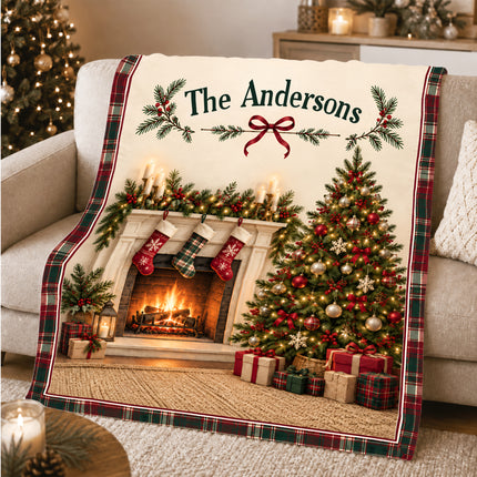 Personalized Christmas Fleece Blanket Custom Family Name Fireplace Tree