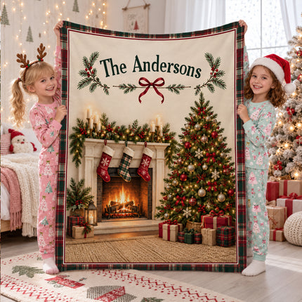 Personalized Christmas Fleece Blanket Custom Family Name Fireplace Tree