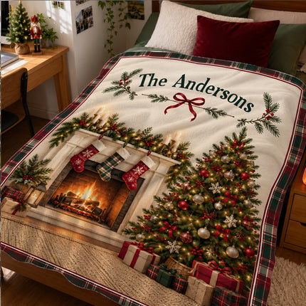 Personalized Christmas Fleece Blanket Custom Family Name Fireplace Tree