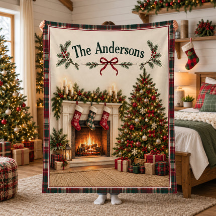 Personalized Christmas Fleece Blanket Custom Family Name Fireplace Tree