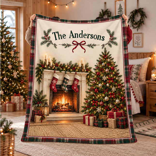 Personalized Christmas Fleece Blanket Custom Family Name Fireplace Tree
