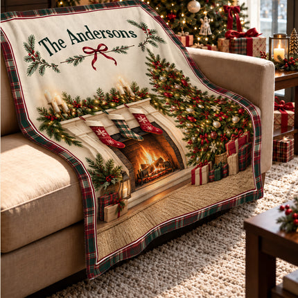 Personalized Christmas Fleece Blanket Custom Family Name Fireplace Tree