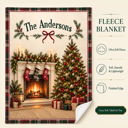 Personalized Christmas Fleece Blanket Custom Family Name Fireplace Tree