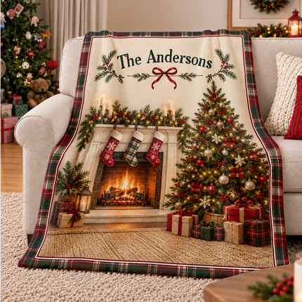 Personalized Christmas Fleece Blanket Custom Family Name Fireplace Tree