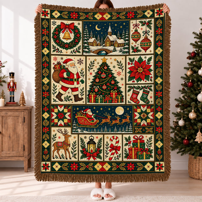 Vintage Christmas Patchwork Woven Throw Blanket Santa Reindeer Holiday Decor