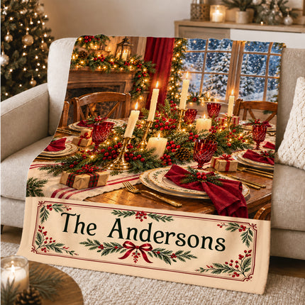 Personalized Christmas Fleece Blanket Custom Family Name Cozy Holiday Dinner