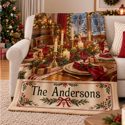 Personalized Christmas Fleece Blanket Custom Family Name Cozy Holiday Dinner