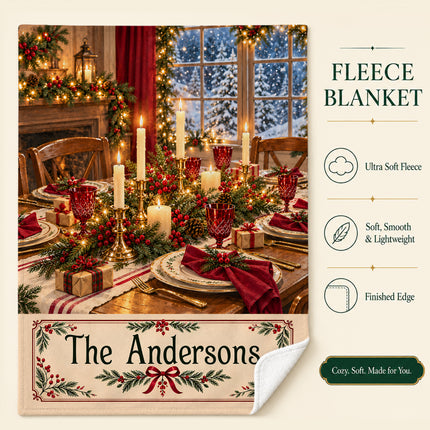 Personalized Christmas Fleece Blanket Custom Family Name Cozy Holiday Dinner