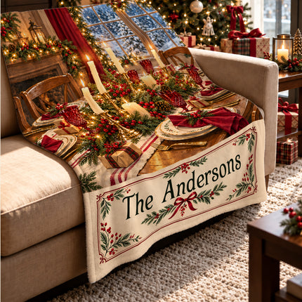 Personalized Christmas Fleece Blanket Custom Family Name Cozy Holiday Dinner
