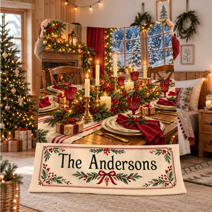 Personalized Christmas Fleece Blanket Custom Family Name Cozy Holiday Dinner