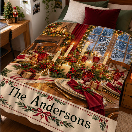 Personalized Christmas Fleece Blanket Custom Family Name Cozy Holiday Dinner