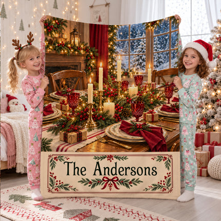 Personalized Christmas Fleece Blanket Custom Family Name Cozy Holiday Dinner