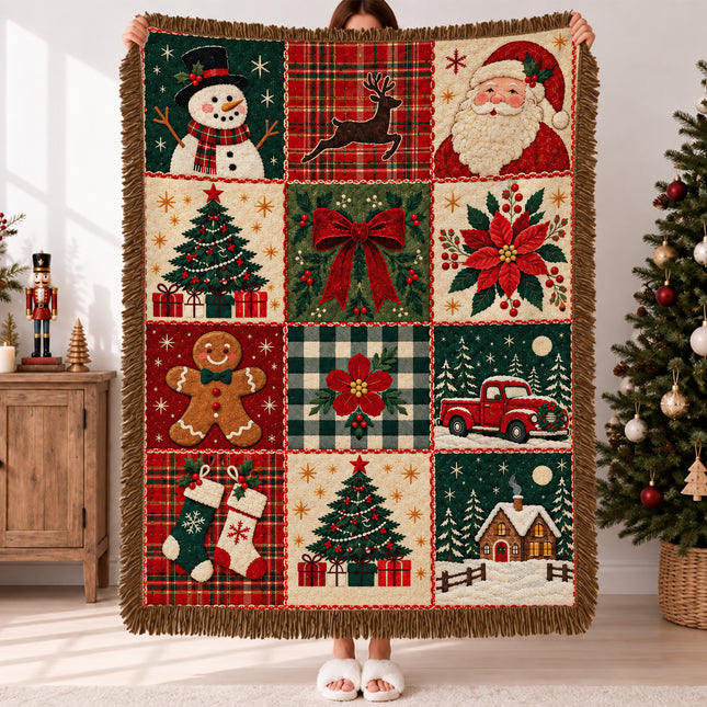 Christmas Patchwork Woven Throw Blanket Vintage Santa Snowman Holiday Decor
