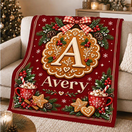 Personalized Christmas Fleece Blanket Gingerbread Monogram Custom Name