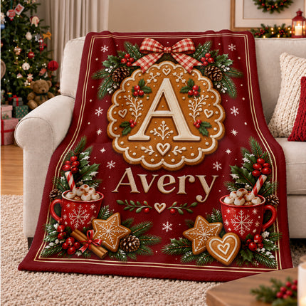 Personalized Christmas Fleece Blanket Gingerbread Monogram Custom Name