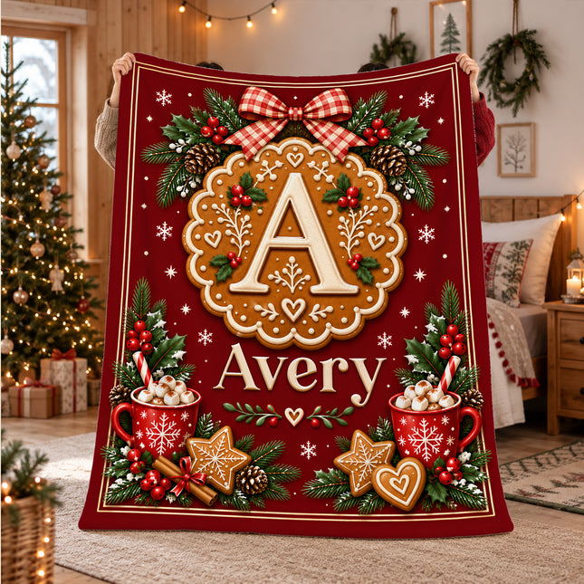 Personalized Christmas Fleece Blanket Gingerbread Monogram Custom Name