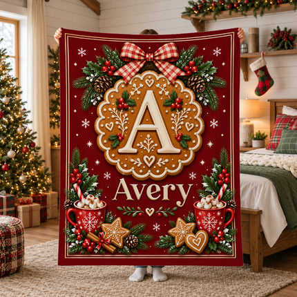 Personalized Christmas Fleece Blanket Gingerbread Monogram Custom Name