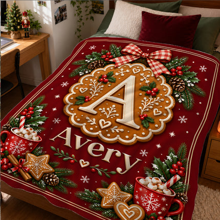 Personalized Christmas Fleece Blanket Gingerbread Monogram Custom Name
