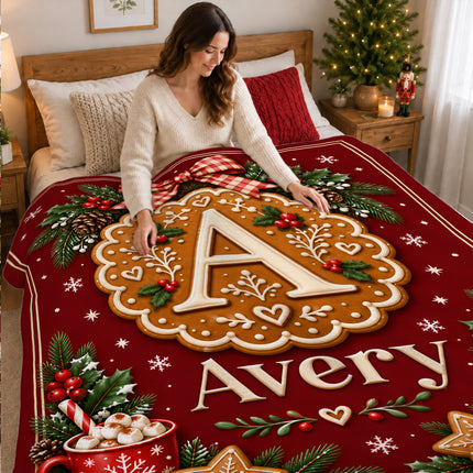 Personalized Christmas Fleece Blanket Gingerbread Monogram Custom Name