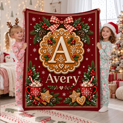 Personalized Christmas Fleece Blanket Gingerbread Monogram Custom Name