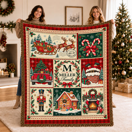 Personalized Christmas Woven Throw Blanket Custom Family Name Vintage Patchwork