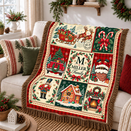 Personalized Christmas Woven Throw Blanket Custom Family Name Vintage Patchwork