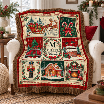 Personalized Christmas Woven Throw Blanket Custom Family Name Vintage Patchwork